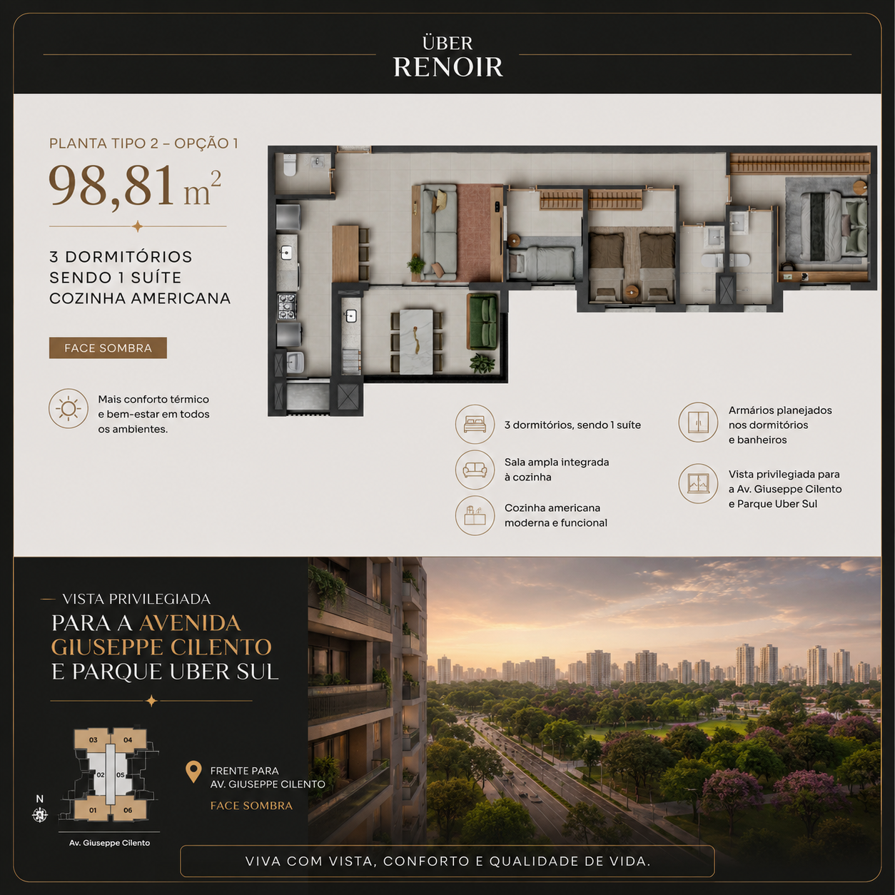 Planta humanizada 98m² Uber Renoir — 3 dormitórios, 1 suíte, cozinha americana, Jardim Botânico Ribeirão Preto